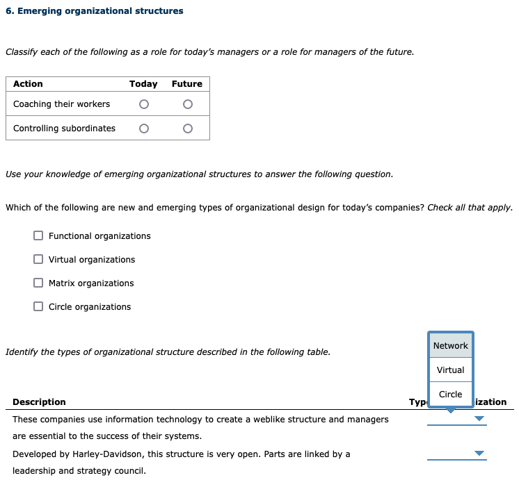 6. Emerging organizational structures Classify