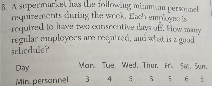 6. A supermarket has the following minimum