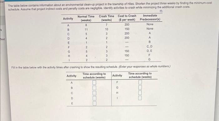 tan The table below contains information about an