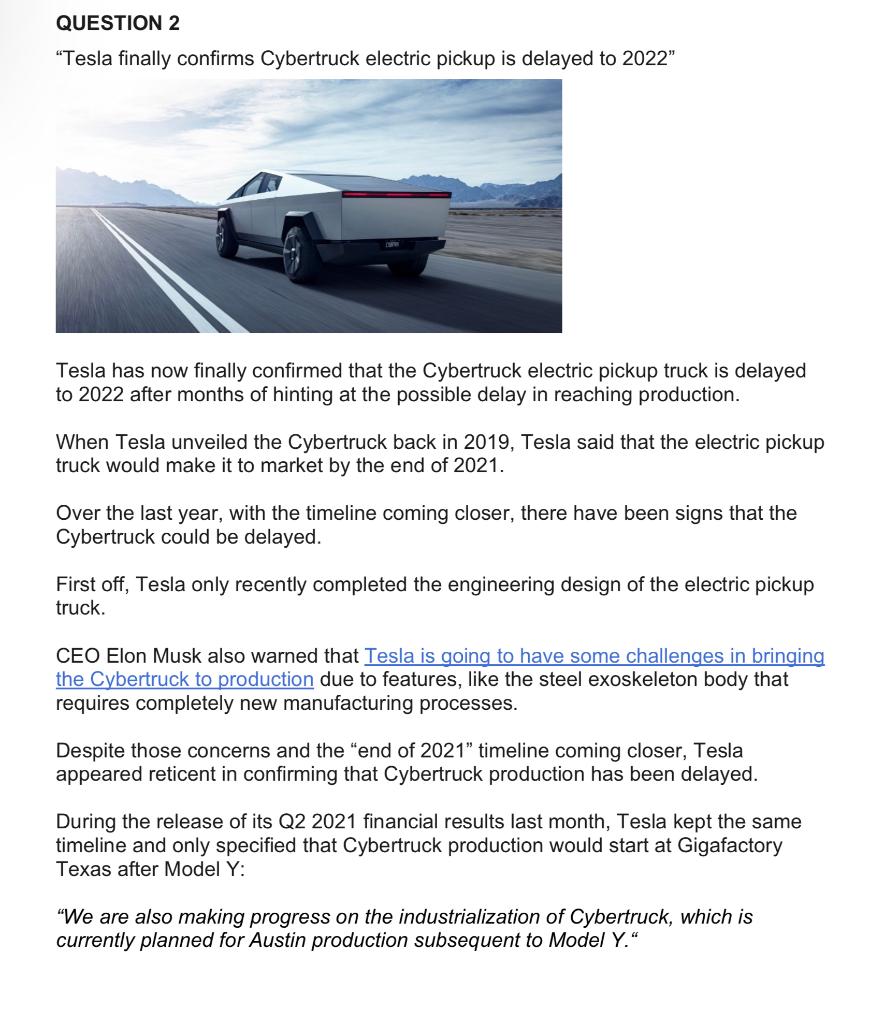 QUESTION 2 Tesla finally confirms Cybertruck