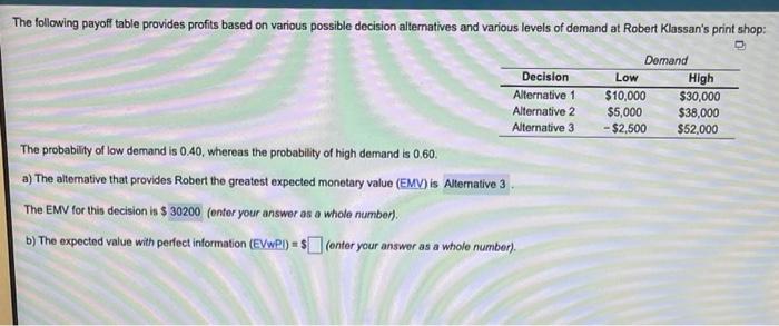 Low The following payoff table provides profits