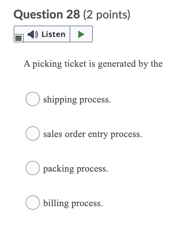 Question 28 (2 points) Listen A picking ticket is