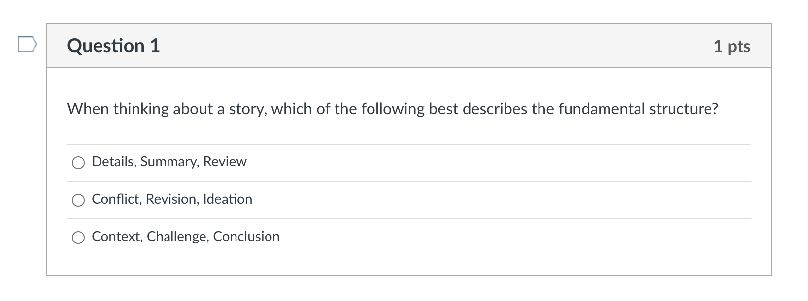 Question 1 1 pts When thinking about a story,