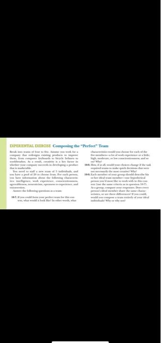 EXPERIENTIAL EXERCISE Compening the Perfect Team