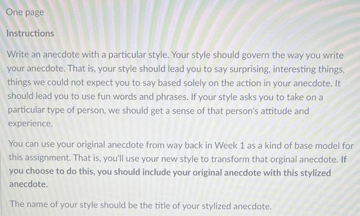 One page Instructions Write an anecdote with a