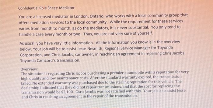 Negotiations and Dispute Resolution Confidential