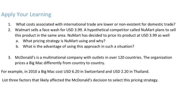 Apply Your Learning 1. What costs associated with