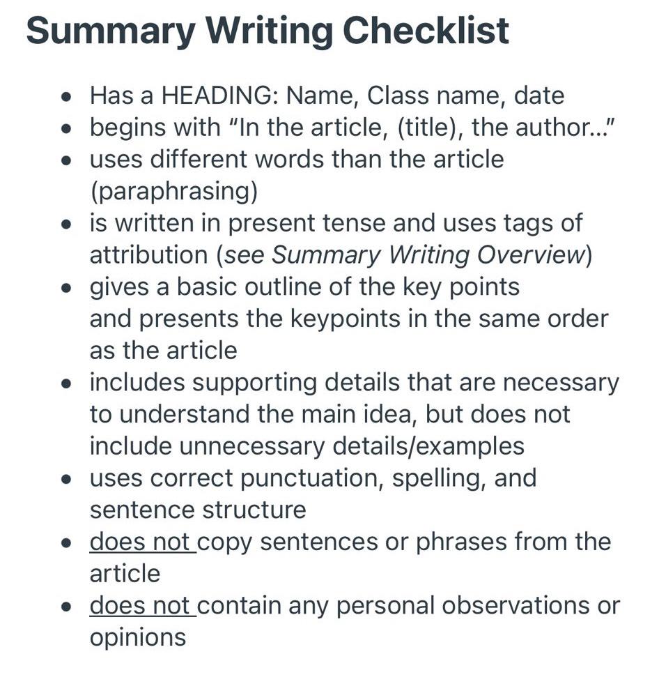 Summary Writing Checklist Has a HEADING: Name,
