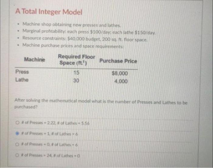 please help me A Total Integer Model Machine shop