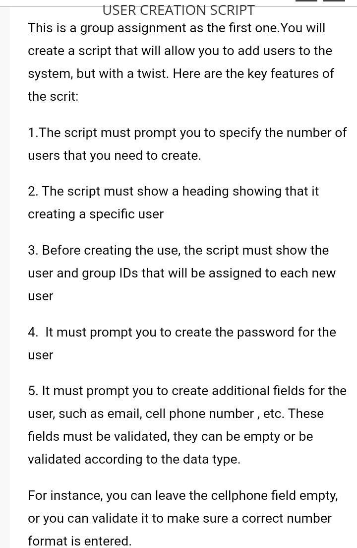 USER CREATION SCRIPT This is a group assignment