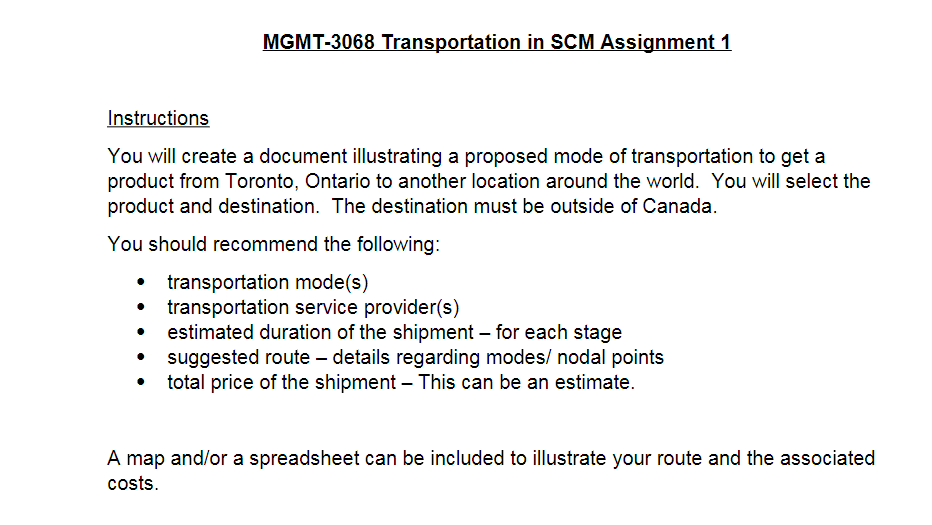 MGMT-3068 Transportation in SCM Assignment 1