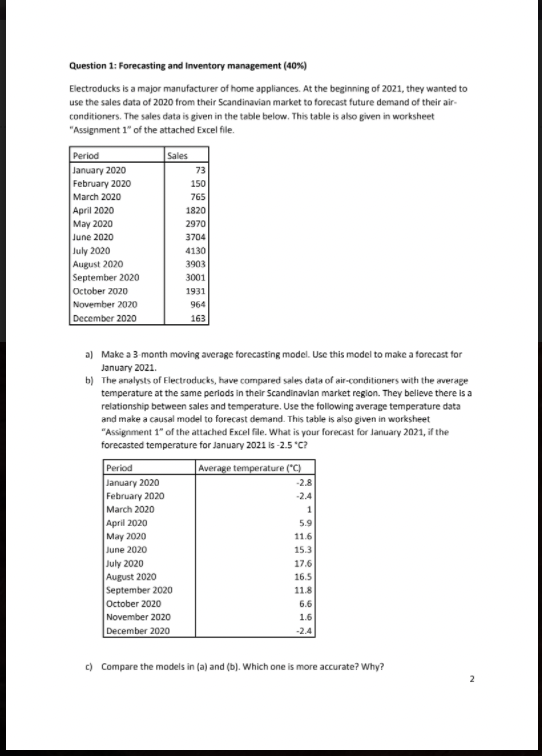 Question 1: Forecasting and Inventory management