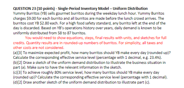 QUESTION 23 (10 points) - Single-Period Inventory