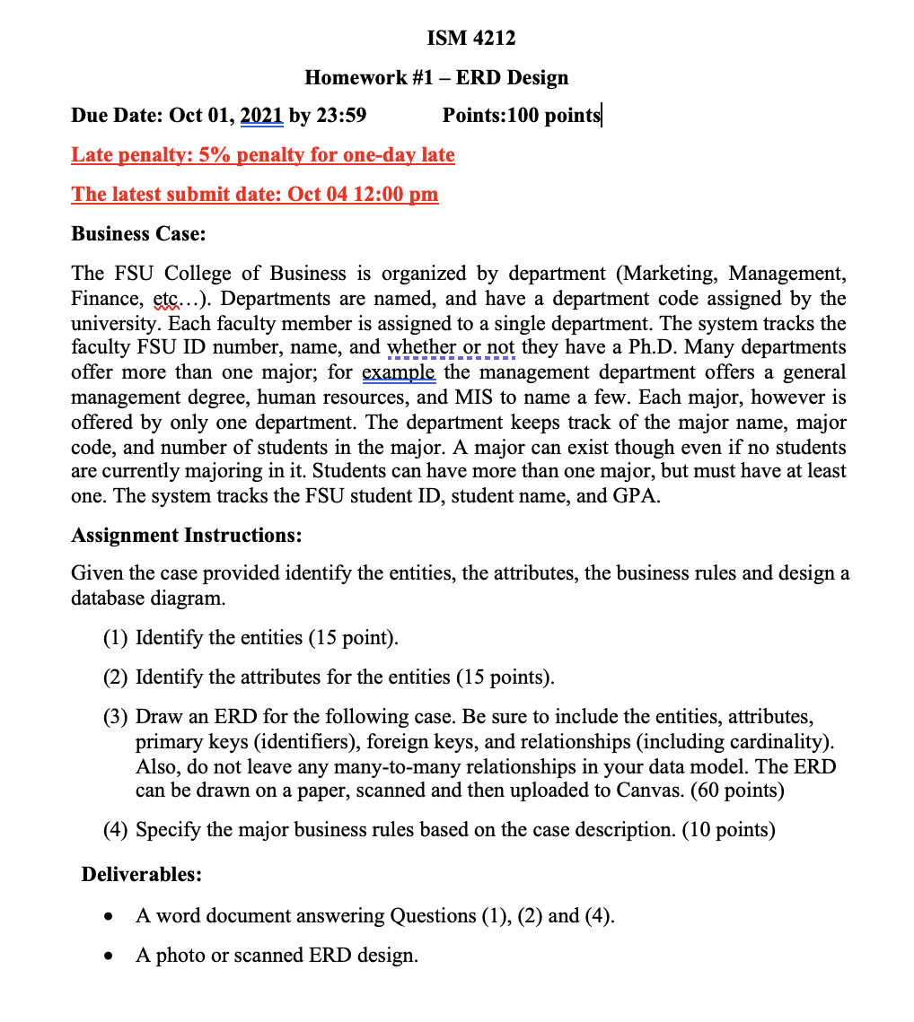 ISM 4212 Homework 1 - ERD Design Given the case