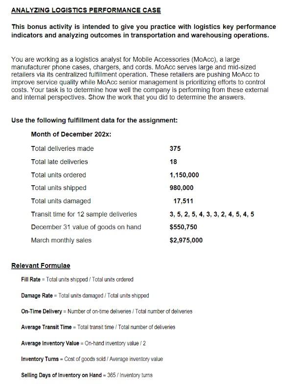 ANALYZING LOGISTICS PERFORMANCE CASE This bonus