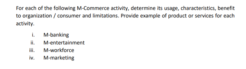 e-commerce For each of the following M-Commerce