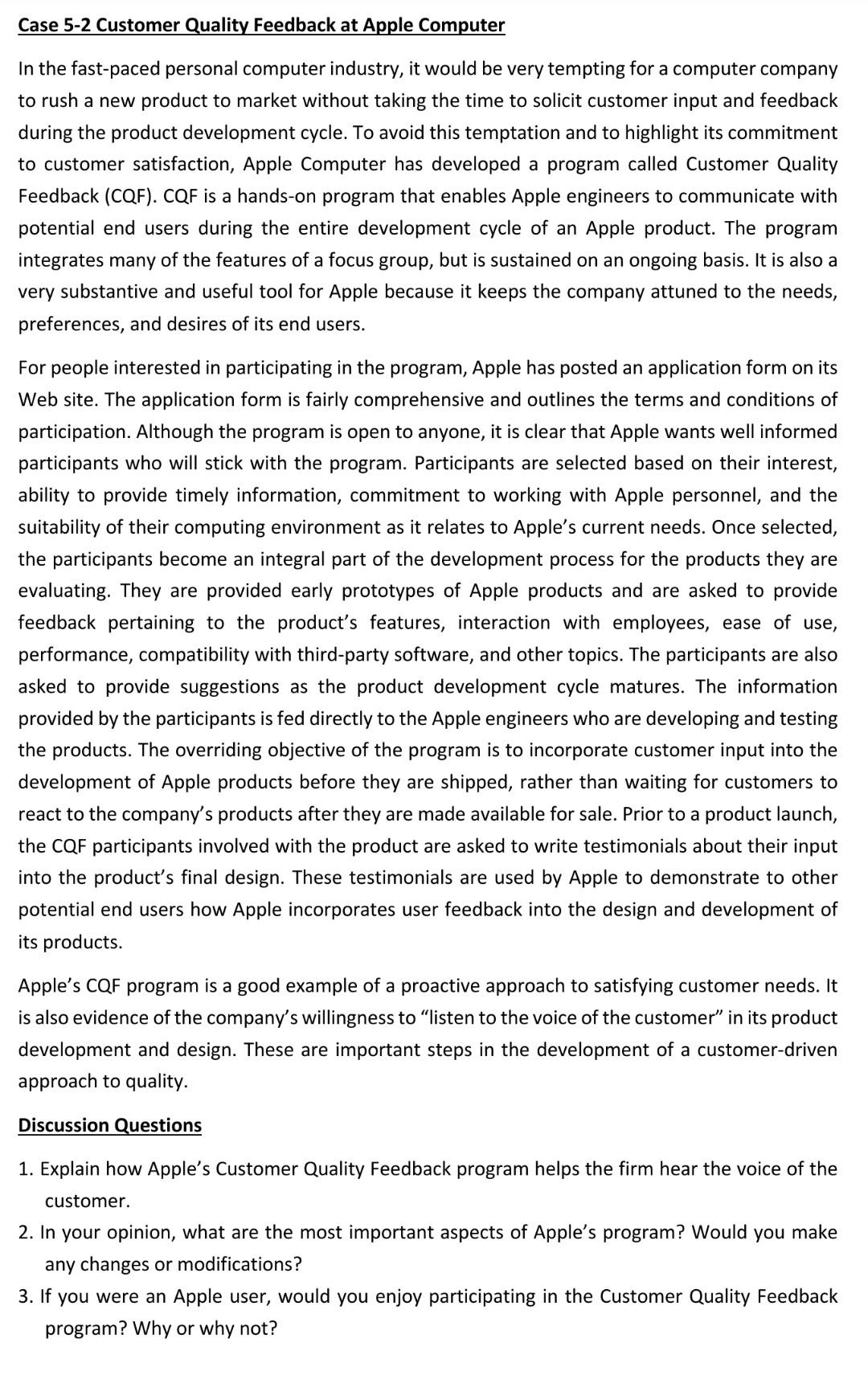 Case 5-2 Customer Quality Feedback at Apple