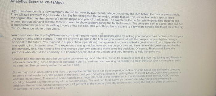 Analytics Exercise 20-1 (Algo) BigtoSweaters.com