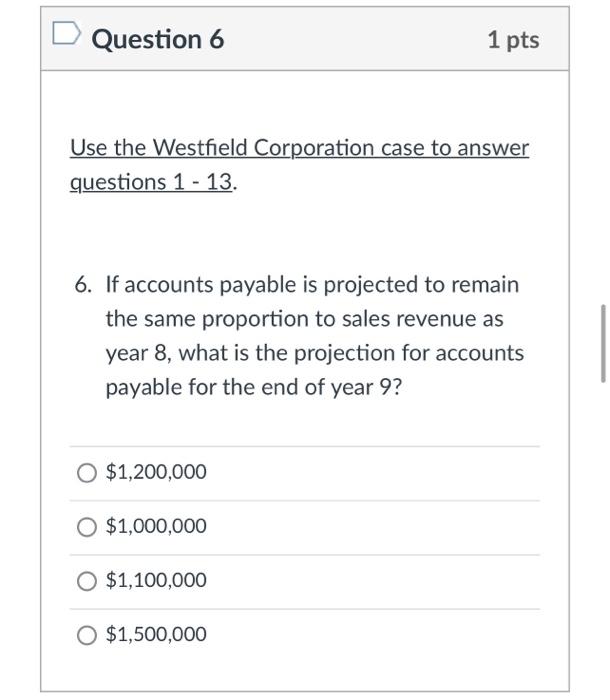 Question 6 1 pts Use the Westfield Corporation