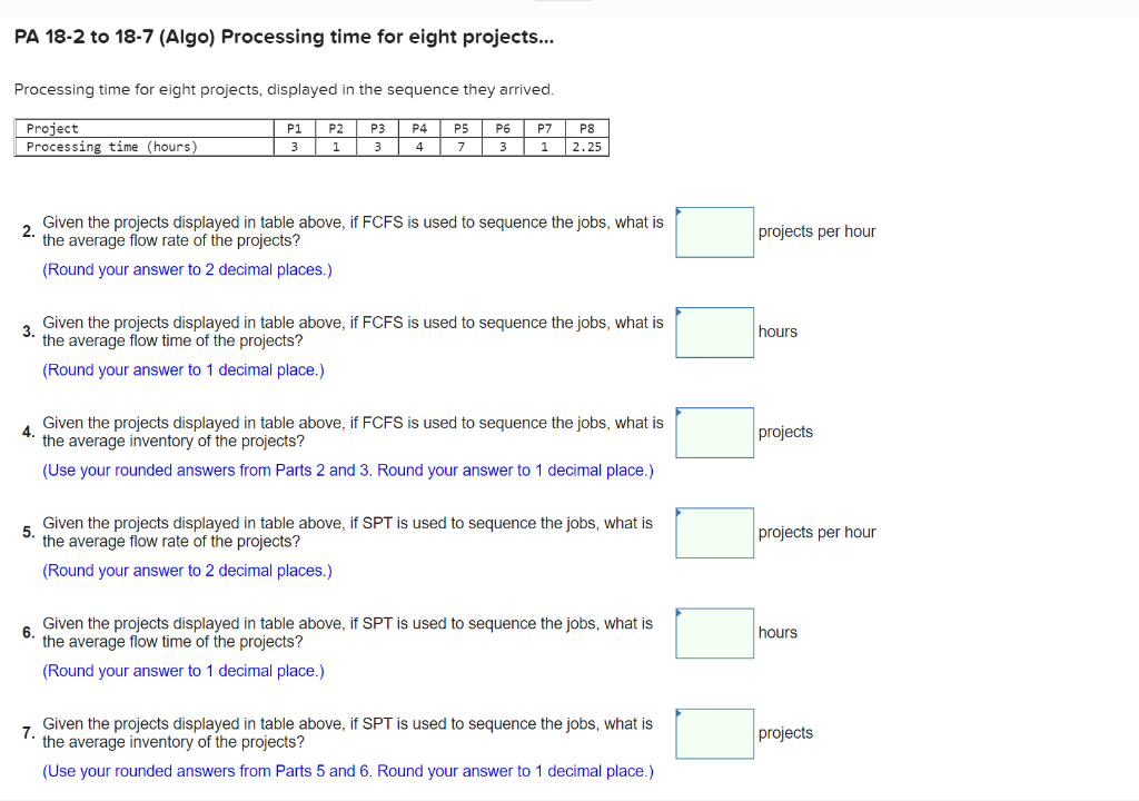 PA 18-2 to 18-7 (Algo) Processing time for eight