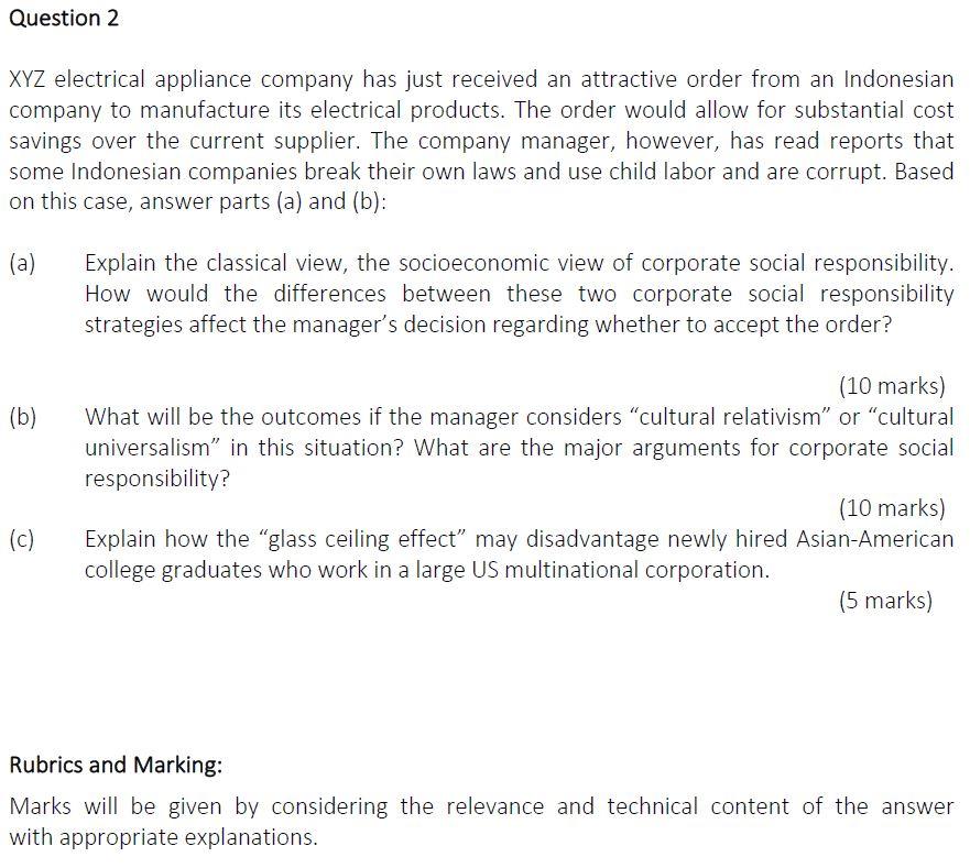 Question 2 XYZ electrical appliance company has