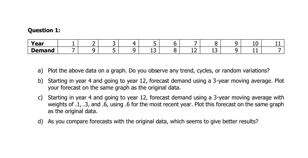Question 1: 4 Year Demand 1 7 2 9 3 5 5 13 6 8 7