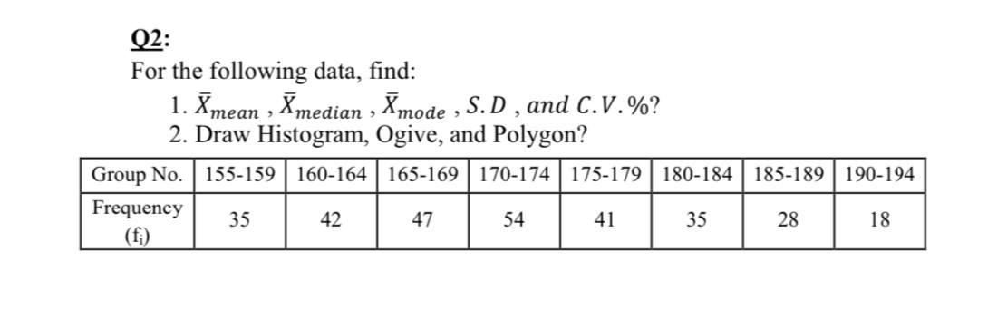 > 9 Q2: For the following data, find: 1. mean ,