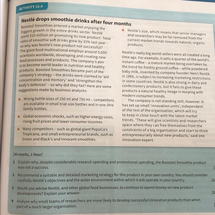 Question 1 & 4 ACTIVITY 20.4 Nestl's size, which