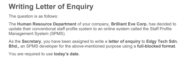 Question Writing Letter of Enquiry The question