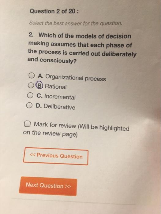 Question 2 of 20: Select the best answer for the