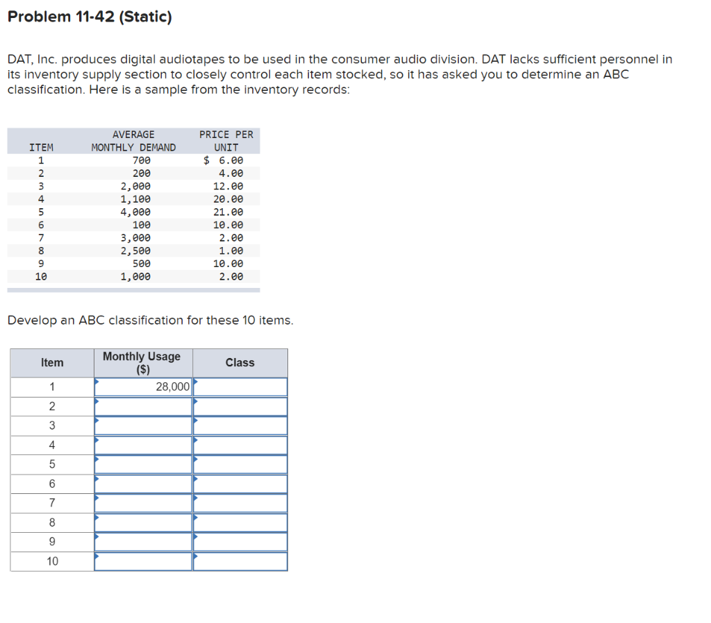 Problem 11-42 (Static) DAT, Inc. produces digital