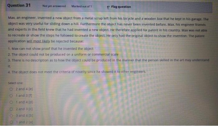 Question 31 Not yet answered Marked out of 1 P