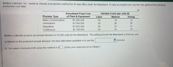 Metters Cabinets, Inc., needs to choose a