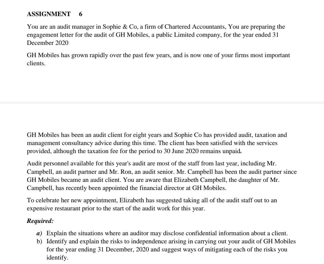 ASSIGNMENT 6 You are an audit manager in Sophie &