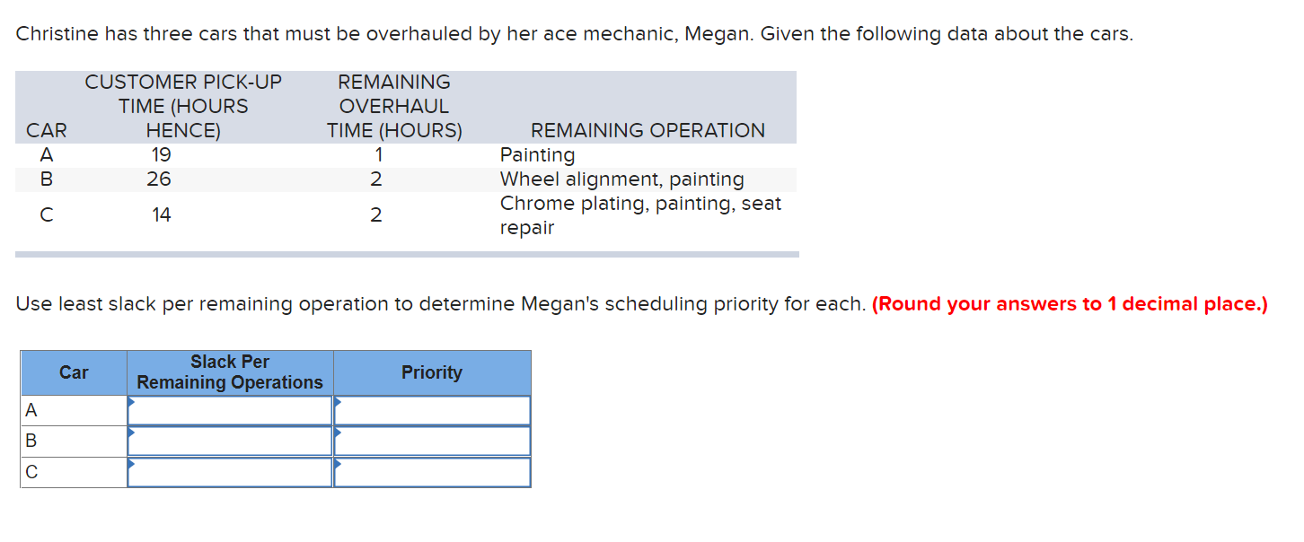 Christine has three cars that must be overhauled