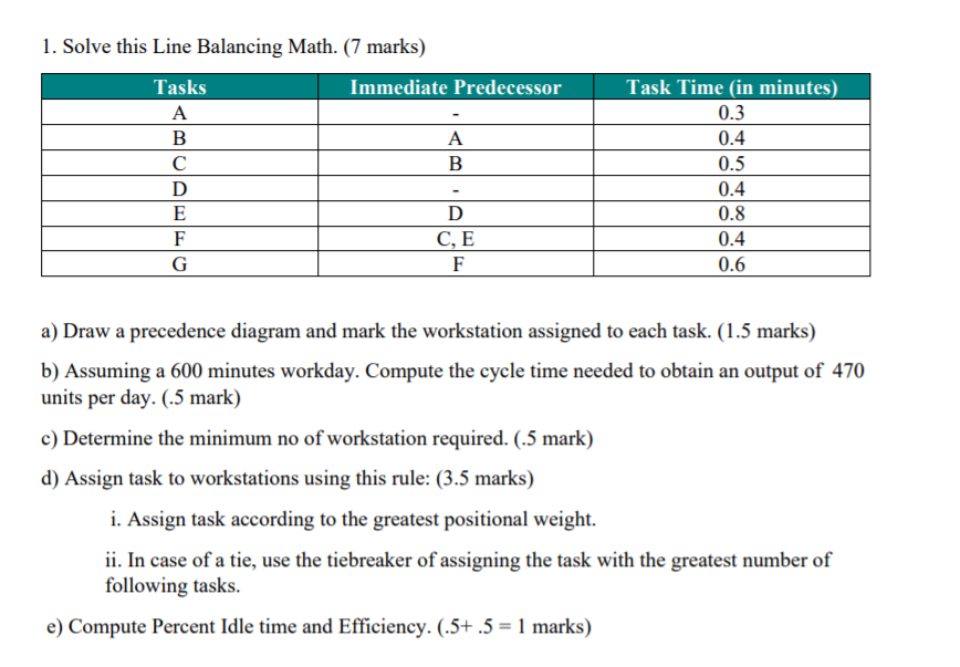 1. Solve this Line Balancing Math. (7 marks)