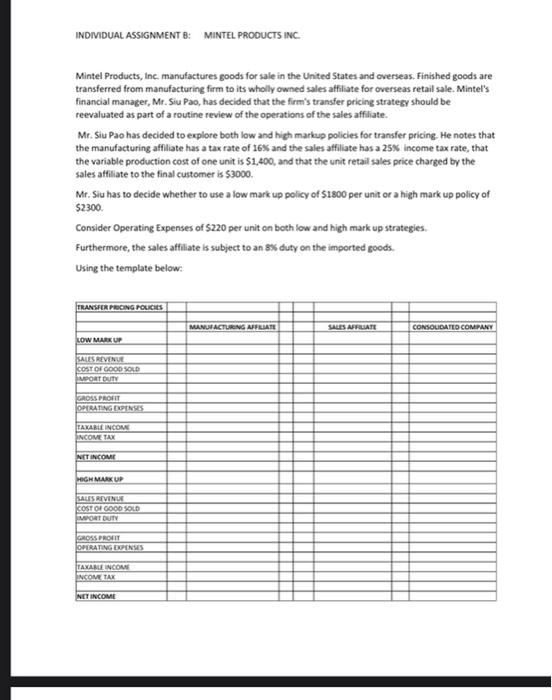 INDIVIDUAL ASSIGNMENT B: MINTEL PRODUCTS INC.