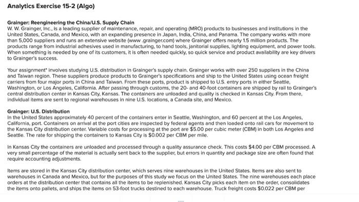 Analytics Exercise 15-2 (Algo) Grainger: