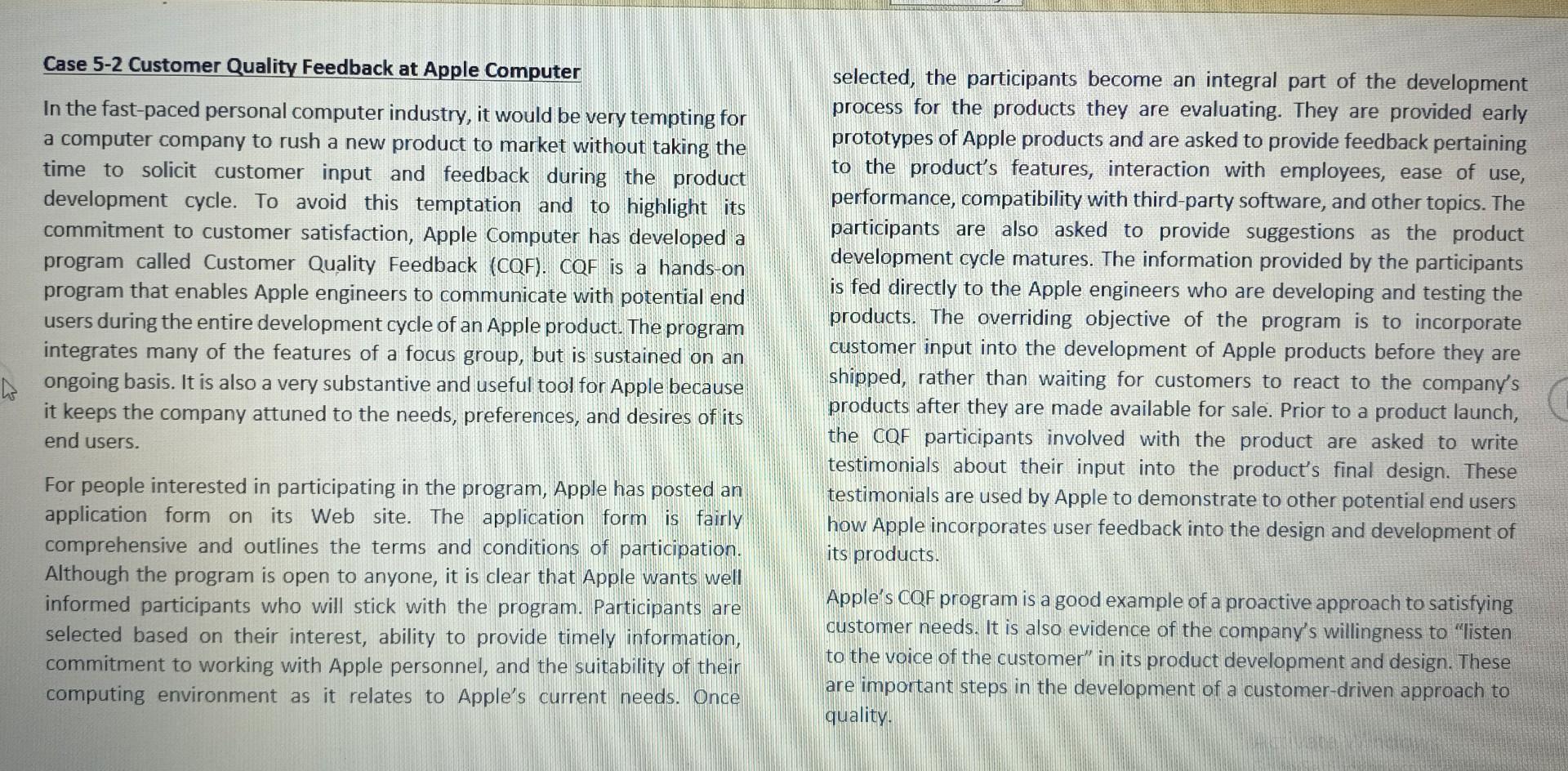 Case 5-2 Customer Quality Feedback at Apple