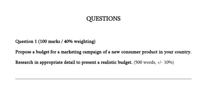 QUESTIONS Question 1 (100 marks / 40% weighting)