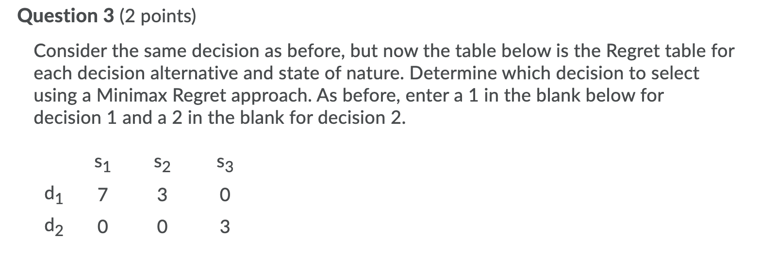 Question 3 (2 points) Consider the same decision