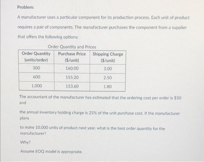 Problem: A manufacturer uses a particular