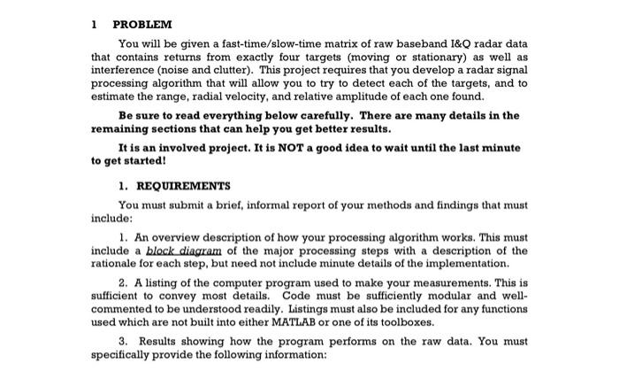 Intro to Radar Using Matlab 1 PROBLEM You will be