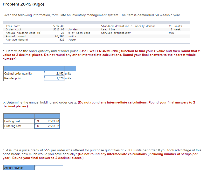 Problem 20-15 (Algo) Given the following