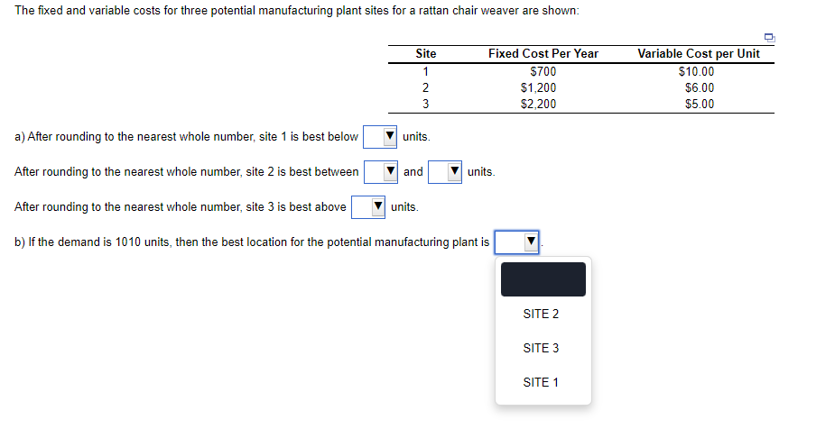 The fixed and variable costs for three potential