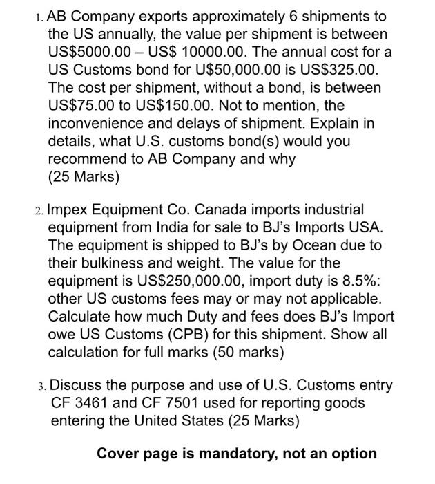 1. AB Company exports approximately 6 shipments