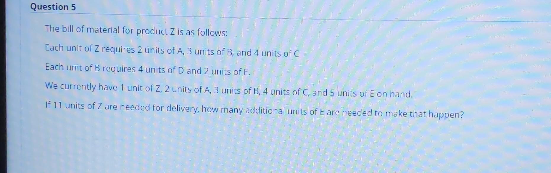 Question 5 The bill of material for product Z is