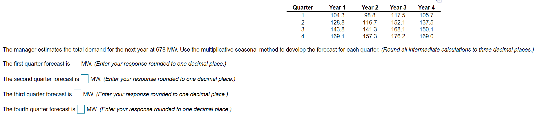 Quarter 1 2 3 4 Year 1 104.3 128.8 143.8 169.1