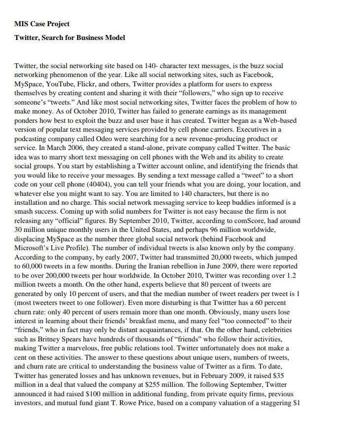 MIS Case Project Twitter, Search for Business