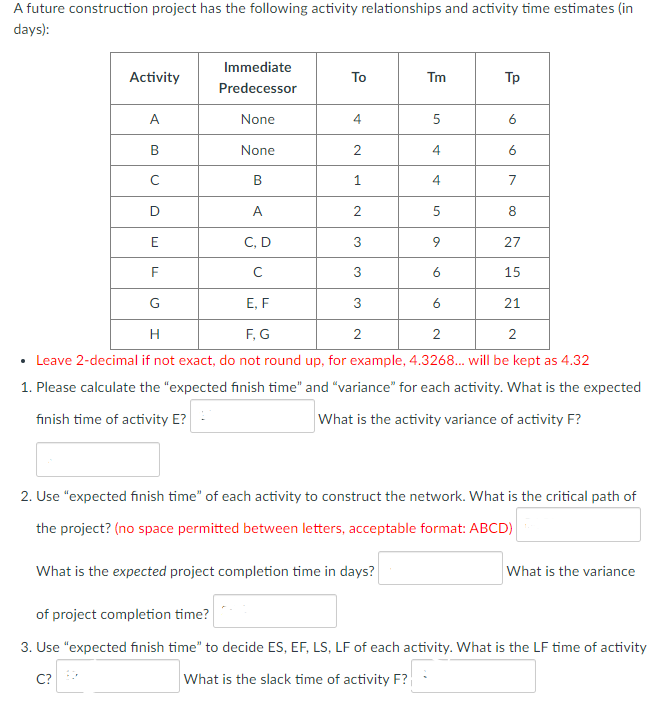 A future construction project has the following